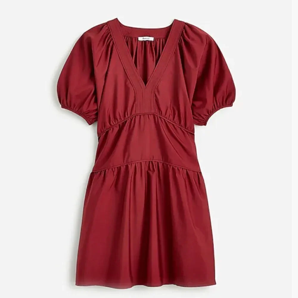 Madewell Puff-Sleeve Mini Dress in Poplin Claret burgundy  NWT